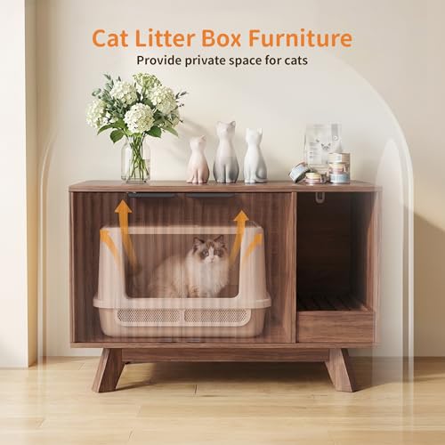 Image of Cat Litter Box Enclosure with Litter Collector,Fluted Hidden Litter Box Furniture with Scratch Pad,31 inch Wooden Cat Cabinet,Cat House,TV Stand,Side Table for Living Room,Walnut