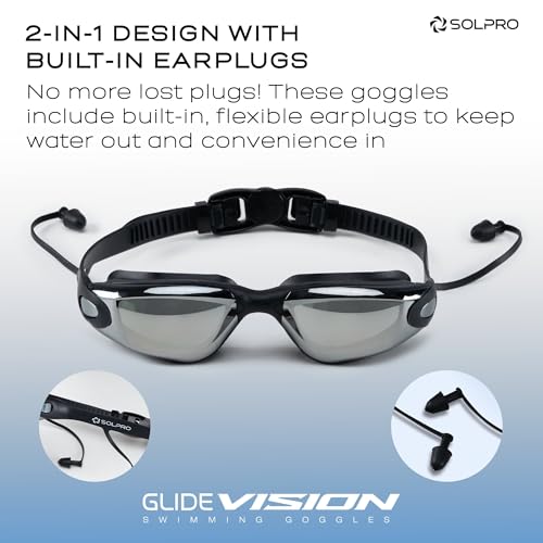 Image of Solpro Glide Vision Unisex Adult Swimming Goggles for Women,Men,Boys,Girls,Teenagers,Athletes,Swimmers|2 in 1 with Built In Earplugs for Training,Competition in Pool,Beach,Water Sport,Activties