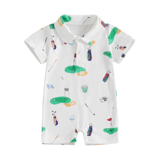 Image of Barbotimer Baby Boy Golf Outfit Golf Cart Polo Shirt Romper Lapel Button Jumpsuit Hole in One First Birthday Cake Smash Photo Cute Newborn Summer Clothes (White romper, 6-12 Months)