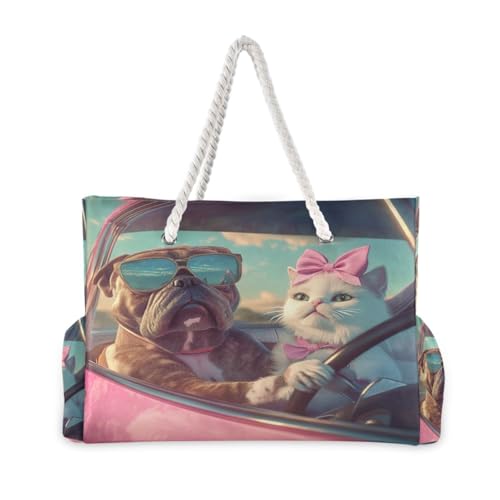 Cat and Dog (2) Beach Bag & Travel Tote Bag Large Sandproof with Zipper Closure, Wet Pouch for Swim Gym Travel, Lightweight Foldable Outdoor Bag2