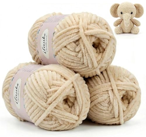 ilauke 3x100g Samt Chenille Wolle zum Häkeln, Beige Weich Chenille Garn für Häke