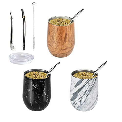 QUNUNOIRE-Set de Mate Argentino Taza Mate de Vaso Pared Doble de Acero Inoxidable, Dos Bombillas(Pajas) y Cepillo de Limpieza Incluido, Calabaza Yerba Mate Moderna Negro Cover