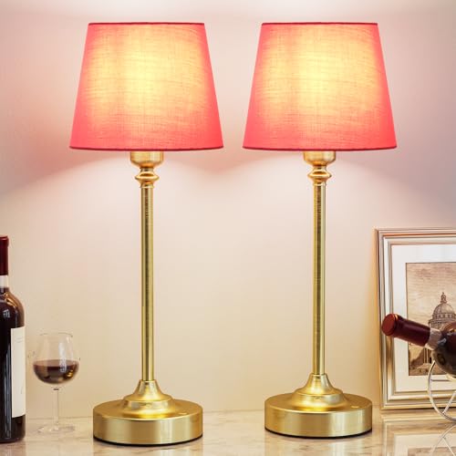 Image of Cordless Table Lamps Rechargeable Set - 2 Pack Brass 4000mAH Battery Operated Lamps for Decor, 3000K Stepless Dimming Touch Control Wireless Lamps for Bedroom, Dining Table, Living Room, Rose Shade