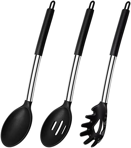 Silicone Cooking Spoons, Heat Resistant Large Silicone Pasta Spoon Silicone Slotted Spoon Dishwasher Safe, Black BPA Free Silicone Kitchen Spoons for Non Stick Cookware Mixing Serving Draining