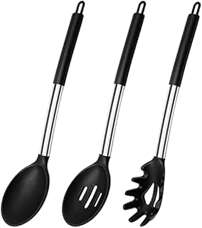 Silicone Cooking Spoons, Heat Resistant Large Silicone Pasta Spoon Silicone Slotted Spoon Dishwasher Safe, Black BPA Free Silicone Kitchen Spoons for Non Stick Cookware Mixing Serving Draining