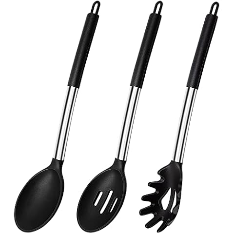Silicone Cooking Spoons, Heat Resistant Large Silicone Pasta Spoon Silicone Slotted Spoon Dishwasher Safe, Black BPA Free Silicone Kitchen Spoons for Non Stick Cookware Mixing Serving Draining Cover