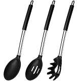 Silicone Cooking Spoons, Large Heat Resistant Silicone Pasta Slotted Spoon Solid Spoon for Nonstick
