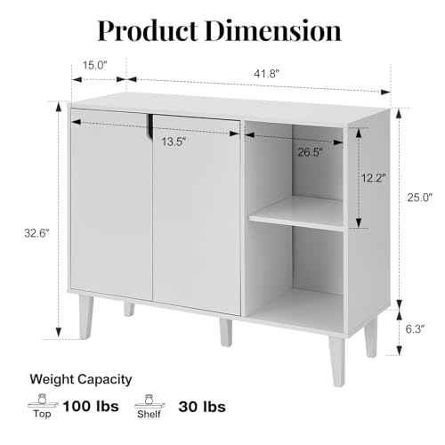 Panana Kitchen Buffet Cabinet Storage Sideboard with 2 Doors 2 Shelves, 41.8" L x 15" W x 32.5" H (White) - Thumbnail 3