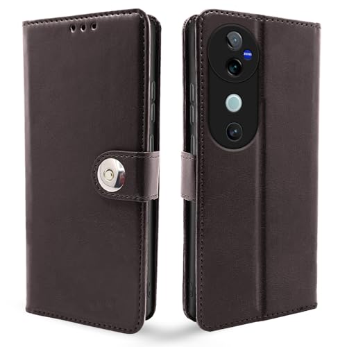 Image of Pikkme Flip Cover Leather Finish | Inside TPU with Card Pockets | Wallet Stand and Shock Proof | Complete Protection Button Flip Case for Vivo V40 5G / V40 Pro 5G / T3 Ultra 5G (Coffee)