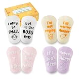 InnoBeta Baby Socks Set with Funny Quotes (4 Pairs) Newborn/Infant Socks for Baby Shower, Gender Reveal 3-12 Months, Baby Girl