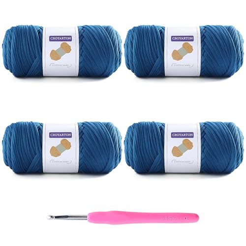 Image of 4 Pack Tshirt Yarn for Crocheting, Elastic T Shirt Spaghetti Thick Knitting Yarn Total Length 260 Yds for Crochet Bag Baskets Home Decor with 1 Crochet Hook (4-Dark Blue)