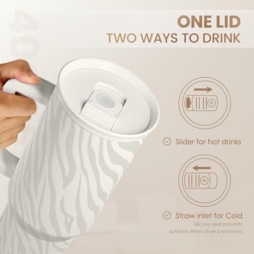 Image of SANDJEST Zebra Skin 40oz Slider Tumbler with Handle and Straw - Insulated Stainless Steel Travel Coffee Mug for Women Girls, Gift for Birthday, Christmas