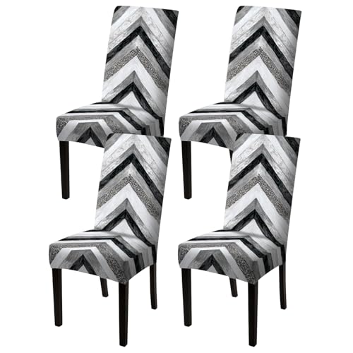 Image of Nuxovilar 4PCS Black White Chevron Geometric Stretch Chair Covers | Stretch Slipcover Modern Protector Chevron Wrap Seat Guard Dining Room Living Cafe Space (Chevron Pattern)