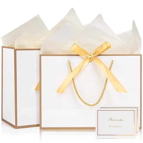 Medium Gift Bags, 2pcs Paper Gift Bags with Handles, Present Bags with 4 Wrappers and 2 Cards, Birthday Bags for Presents, Paper Bags for Bridesmaid Wedding Celebrations (White-Gold) 20 x 10 x 28 cm