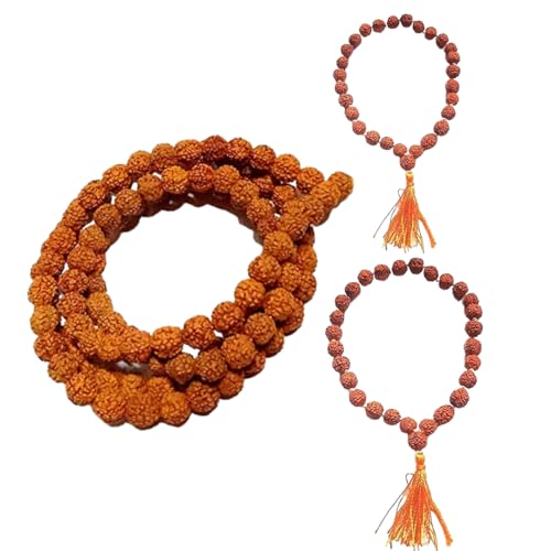5 Mukhi Rudraksha Mala 108 Beads with Hand Bracelete Natural Seed Prayer Beads Powerful Rudraksha Mala for Positive Vibes, Meditation, Mantr