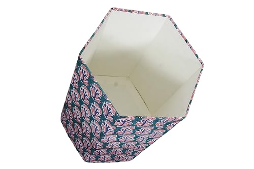 Image of 3.3 Gallon Cotton Hand Block Printed Paper Waste Basket |Small Decorative Trash Can for Housewarming Gifts in Living Room, Bedroom, Bathroom | Eco-Friendly, Plastic-Free (1, Green Blue RED Tree)