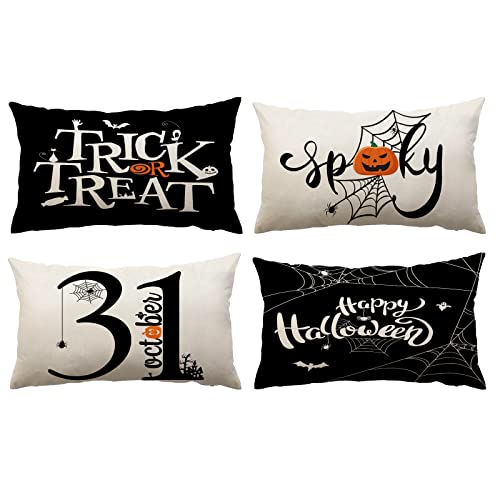 Halloween Pillow Covers 12x20 Set of 4 Trick or Treat Decorative Throw Pillows Cover Black Spider Webs Pillow Cases Outdoor Home Sofa Couch Cushion Covers for Halloween Decor (12 by 20)