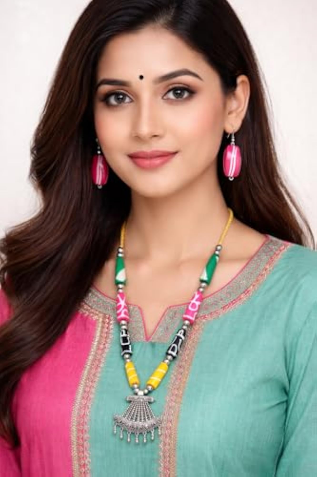 Multicolour Beaded Necklace Set with Oxidised Pendant