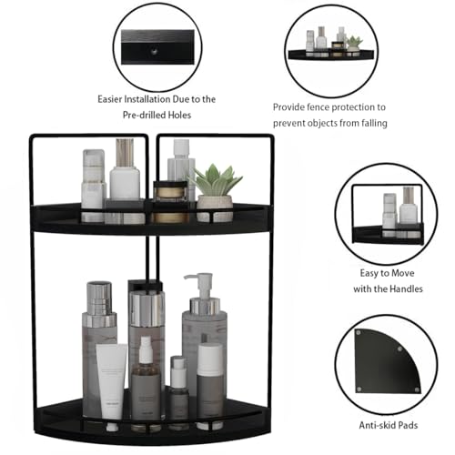 Image of Dorhors 2-Tier Bathroom Counter Organizer,Vanity Counter Corner Shelf, Skincare, Wood Countertop Bathroom Storage and Organization for Kitchen (Black)
