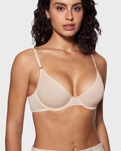 Image of INLYRIC Women's Cosnufy Sheer Balconette Bra Demi Unlined Plunge Mesh See Through Sexy Bras Underwire