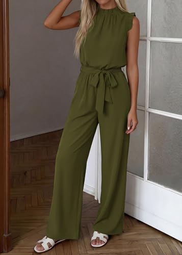 KIRUNDO Jumpsuits For Women Dressy Summer One Piece Sleeveless Ruffle Mock Neck Belt Pockets Formal Wide Leg Pants Romper(Army Green, X-Large) — view 5