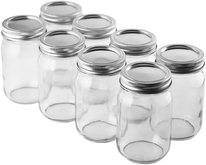 Regular Mouth Glass Mason Jars with Metal Airtight Lids | 16 oz - Pack of 8 | Large Glass Jars for Food Storage with Lids | Ideal for Canning, Fermentation, Pickling, Kombucha Brewing | Airtight Mason Jar 16 oz |16 oz Regular Mouth Mason Jar set for canning, pickling, fermentation and kombucha brewing