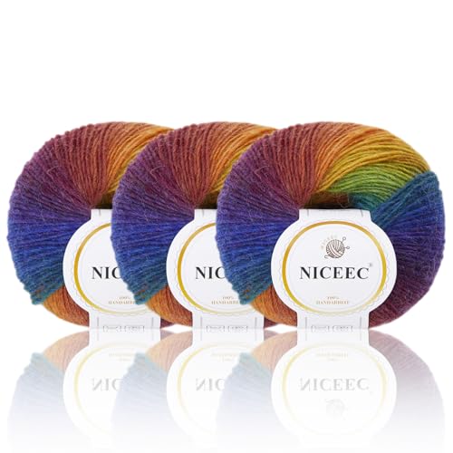 Image of NICEEC 3 Skeins Rainbow Soft Yarn 100% Wool Gradient Multi Color Yarn for Crocheting Knit Total Length 180mx3(196ydsx2,50gx3)-1#