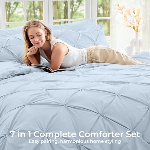 Image of Sasttie California King Comforter Set, 7-Piece Bed in a Bag, Pintuck Bedding Sets for All Season, Includes Comforter, Flat Sheet, Fitted Sheet, Pillowcases and Pillowshams, Light Blue
