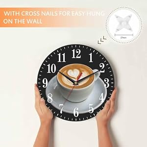 Coffee Wall Clock Cappuccino Art Heart Pattern 10 Inch Silent Non Ticking Battery Operated Clock Vintage Round Clock for Living Room Bedroom Bathroom Office Decor