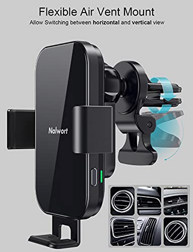 Nalwort Wireless Car Charger 15W Qi Fast Charge Dashboard and Air Vent Phone Holder Auto Clamping Wireless Car Charger Mount Compatible for iPhone 15/14/13/12 Samsung S20/S10 and More