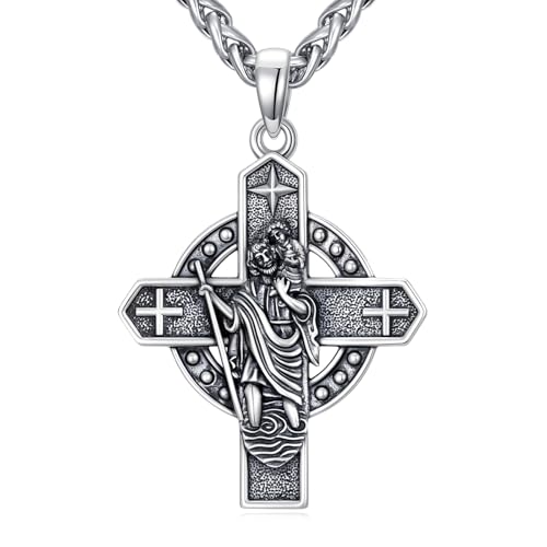 WINNICACA St Christopher Necklace Mens Jewelry 925 Sterling Silver St Christopher Medal Pendant Saint Christopher Amulet Cross Necklace Catholic Jewelry Bithday Fathers Mothers Day Gifts for Men Dad Son