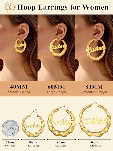 Custom4U Bamboo Hoop Earrings for Women Gold/Silver/Black Large Name Earrings Personalized - Hypoallergenic Lightweight Big Thick Hoops 30/40/50/60/70/80mm - Custom Made Birthday Christmas Gifts3
