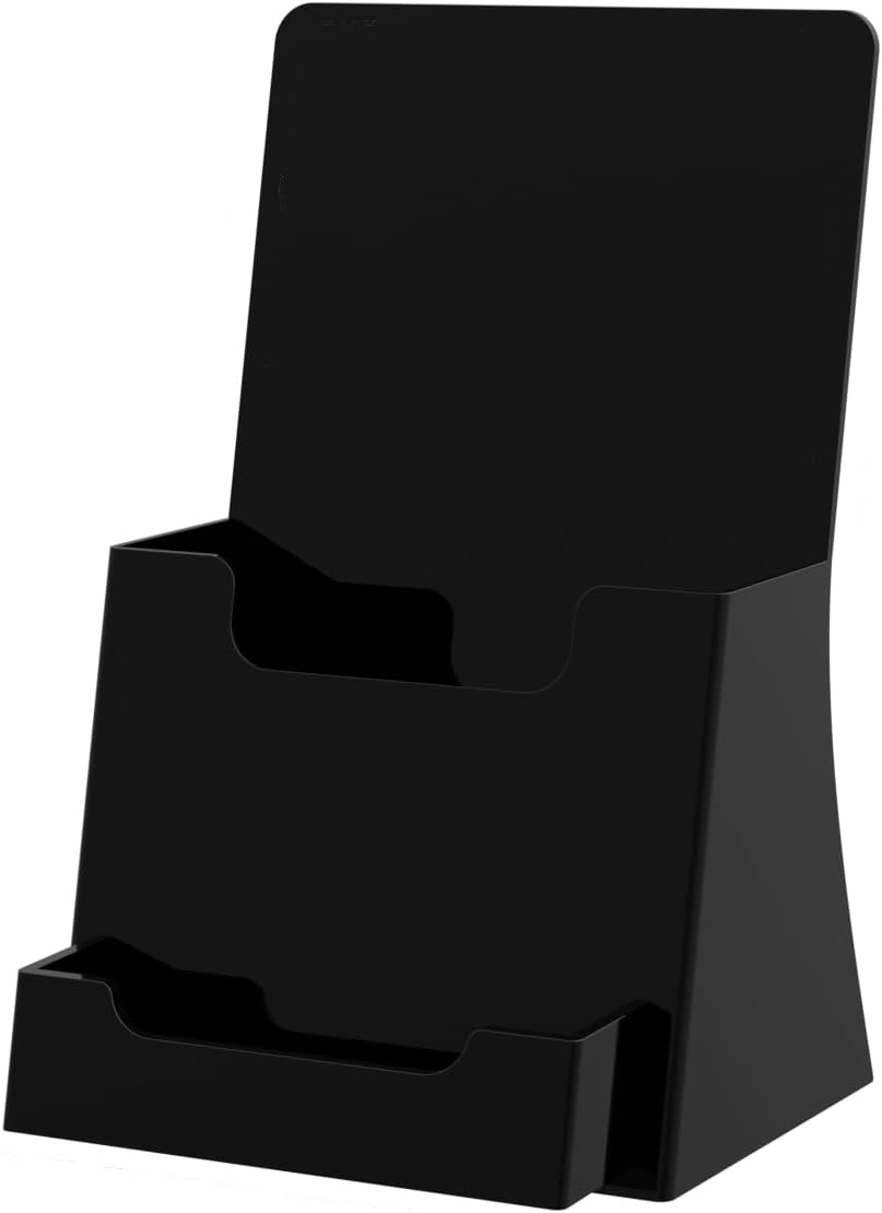 Marketing Holders 100 Pack Brochure Holder 4.25” Trifold Caddy with 3.5 x 2 Business Card Pocket Black Acrylic Organizer Handout Maps Menu Menu Booklet Display