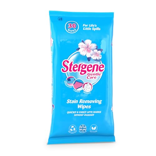 Stergene Gentle Care Fabric Stain Removing Wipes - Wool-Safe Cleaner, Quick Cleaning for Delicates, Carpets, Upholstery & Clothing, 30 Vegan-Friendly Multipurpose Biodegradable Wipes