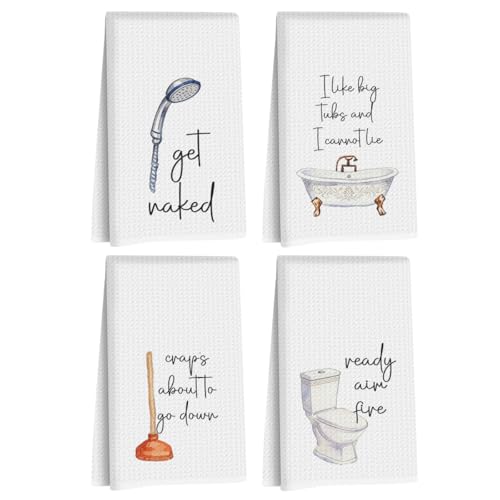 Image of Hanamiya Na 4 Pcs Funny Bathroom Hand Towel 24x14 Inch, Funny Guest Absorbent Microfiber Dish Cloth Towel, Waffle Weave Hand Towels for Toilet Home Bathroom Decor, Amusing Housewarming Gift