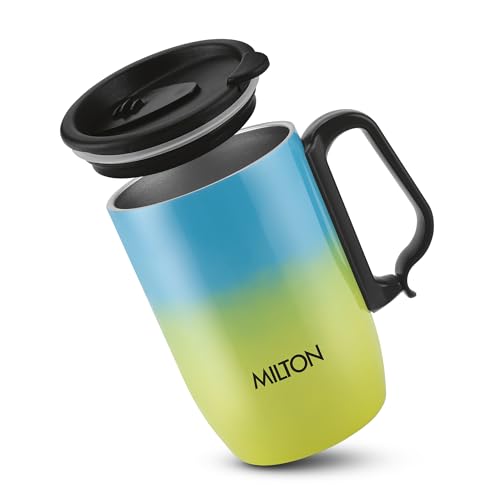 Image of MILTON Horizon Coffee Mug 350 Double Walled Non - Insulated | 350 ml Inner Stainless Steel Tea Mug with Lid & Handle | Hot & Cold | Travel Tea Cup | Black Coffee | Tea Cup Single | Blue & Neon