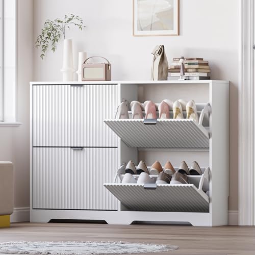 Image of BORNOON Large Shoe Cabinet for Entryway, Shoe Rack Cabinet with 4 Flip Drawer and Adjustable Shelves for Small Apartment, Foyer
