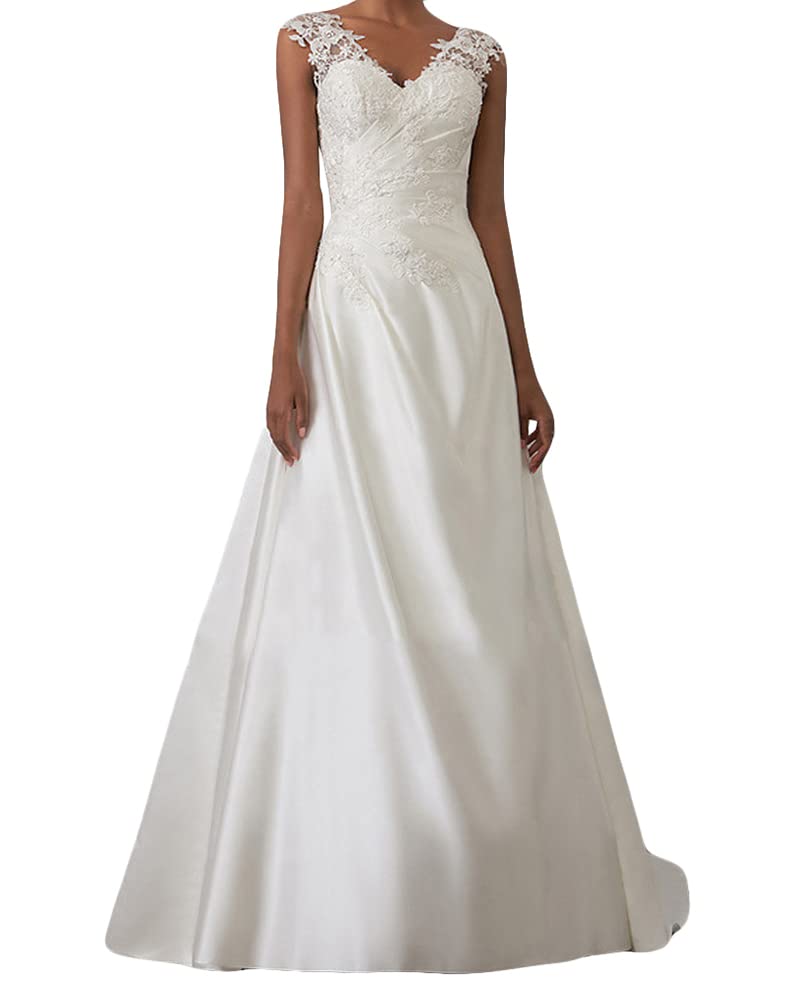 Onsoyours Robe de mariée Femme Élégant Dentelle Col V Dos Nu sans Manches Robes Longue de Nuptiale Soirée Princesse Demoiselle d'honneur