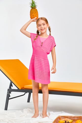 Image of Haloumoning Girls Crochet Swim Beach Cover Up Kids Fashion Button Short Sleeve Swimsuits Cover Ups 5-14 Years