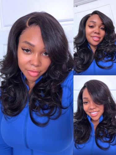 Julia Hair Feathered Layer Side Part Loose Body Wave Human Hair Glueless Wigs 13x4 HD Transparent Lace Front Pre Everything with Drawstring Curtain Bangs Face framing for Women Ready to Go 22 Inch