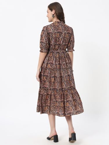 Image of PIDAVLIYA'S Women's Floral Summer Maxi Dress I Cotton Printed I One Piece Bodycon Midi Dress with V-Neck, Puffed Sleeves