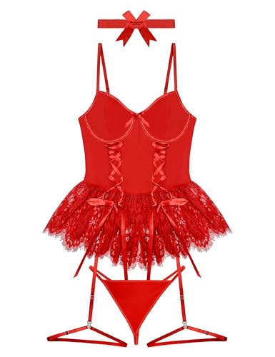 Image of Mixxmix Women Sexy Lingerie Set Naughty Lace Up Corset Bodysuit Underwire Lingerie Babydoll With Garter Belt and Bow Tie