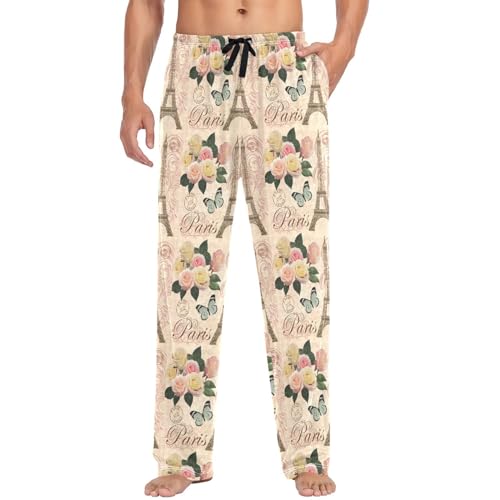 visesunny Men's Pajama Bottoms Cotton Lightweight Paris Vintage Eiffel Tower Pattern Casual Lounge Pants with Pockets Soft Sleep Pj for Men