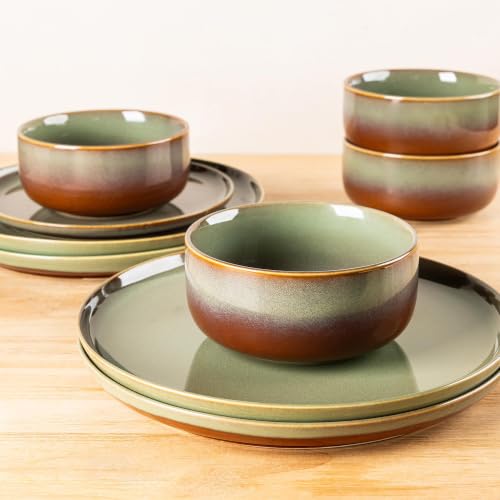Image of TheTerra Ceramic Dinnerware Set for 6, 18-Piece Plates and Bowls Set | Handmade Reactive Glaze Dish Set, Scratch Resistant, Oven & Microwave & Dishwasher Safe, Sage Umber