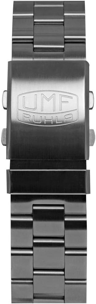 Close-up of the UMF RUHLA branded deployant clasp on the watch bracelet.