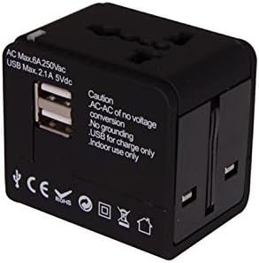 Travel Adapter, JinSun Universal World Wide 4-in-1 Safety Travel Plug Adapter Wall Charger Built-in Dual USB Ports for Smart Phone/Electric Razor/Hair Dryer, Black (5V 2.1A)