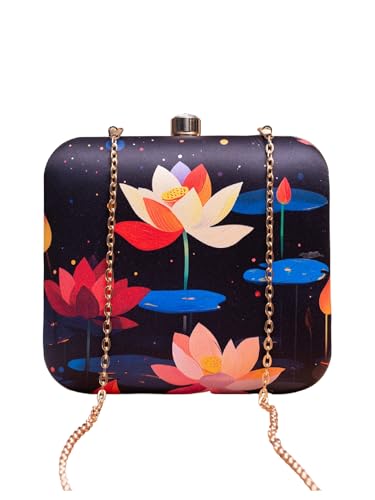 Image of Artklim Printed Box Clutch for Girls - Cross Body Purse with Detachable Golden Chain Strap