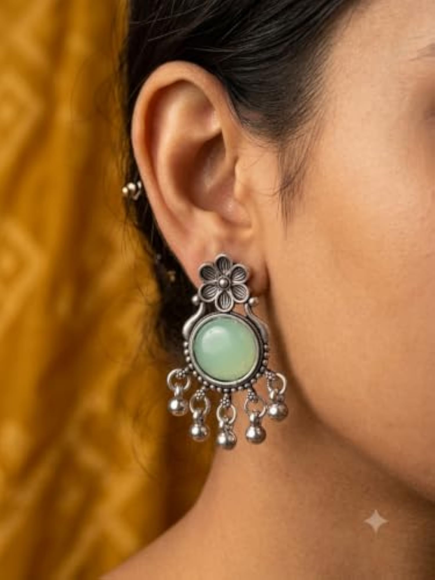 Oxidised Silver Boho Chandbali Earrings with Mint Green Stone