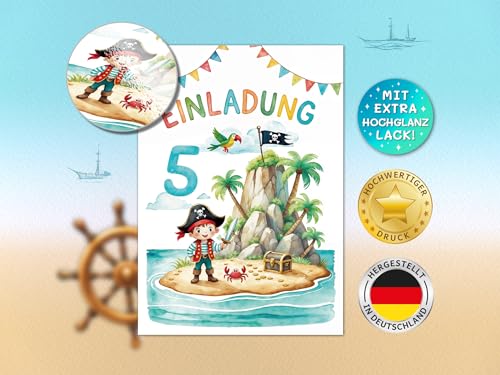 Junaversum 12 Einladungskarten zum 5. Kindergeburtstag Pirat Mädchen Jungen Kinder coole bunte Einladungen fünfte Geburtstag Geburtstagseinladungen Kids