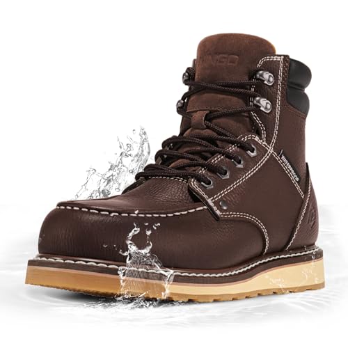 Image of NINGO Steel /Soft Toe Work Boots for Men, 6 Inch Waterproof Mens Wedge Moc Toe Boots, Full-Grain Leather, Oil and Slip-Resistant Safety Boots, EH Protection,Work Boots for Construction, Industrial